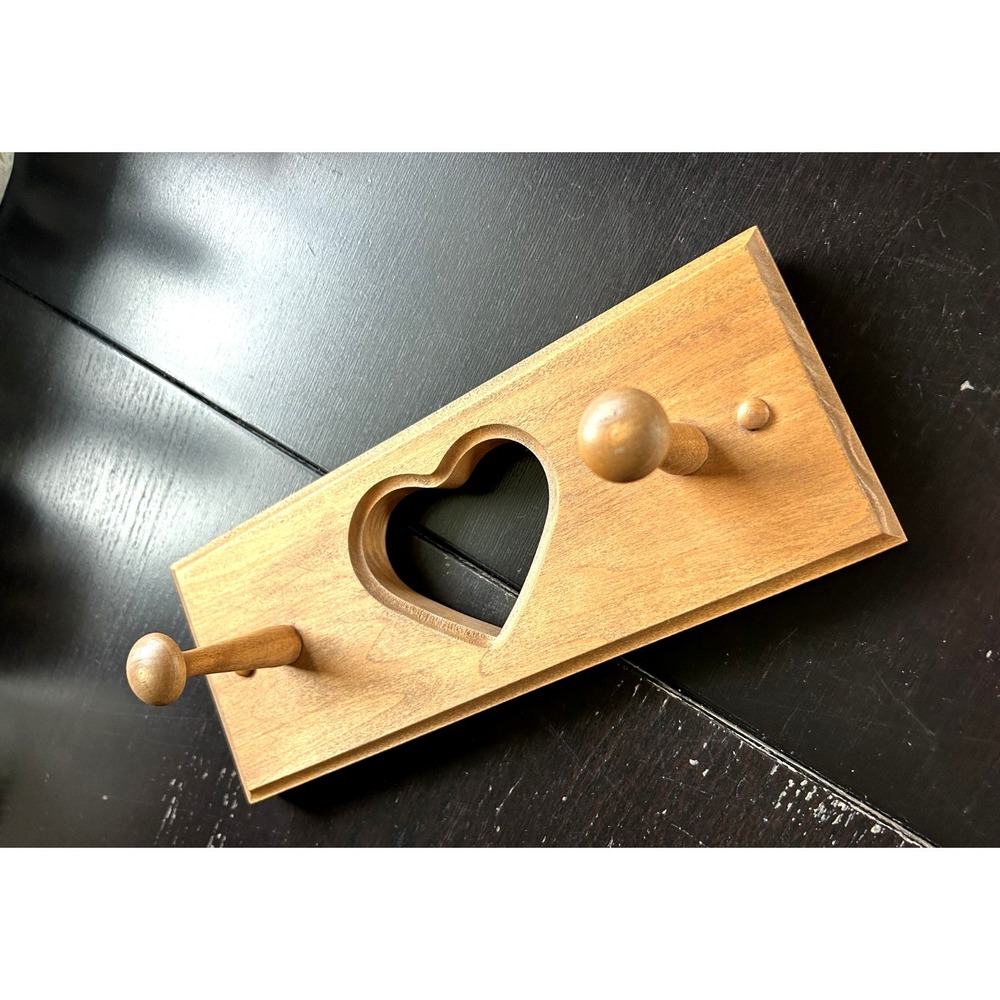 VTG 90s Wooden Wall Shelf Heart Cutout Peg Rack Country Cottage Decor